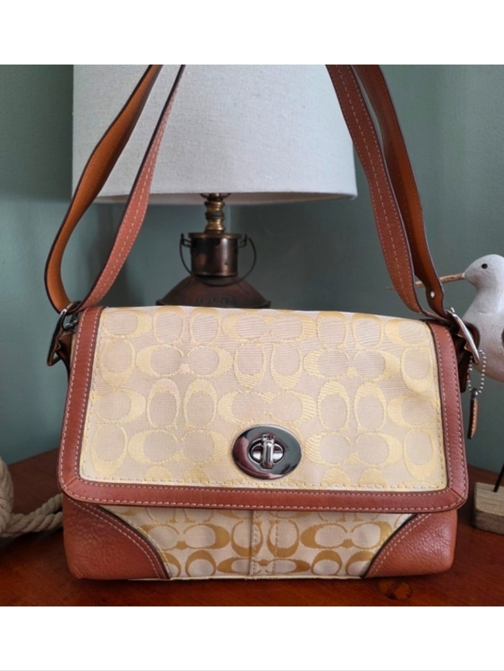 Coach F13066 Hamptons Turnlock Flap Yellow Signature Leather Shoulder Bag Y2K